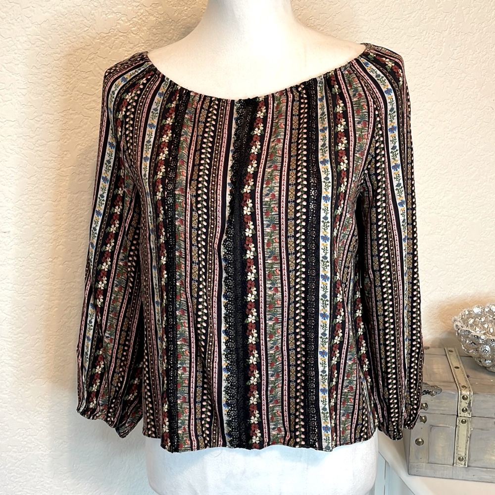 Alice & Olivia - Black Multicolored Floral Stripe Print Peasant Blouse Sz M